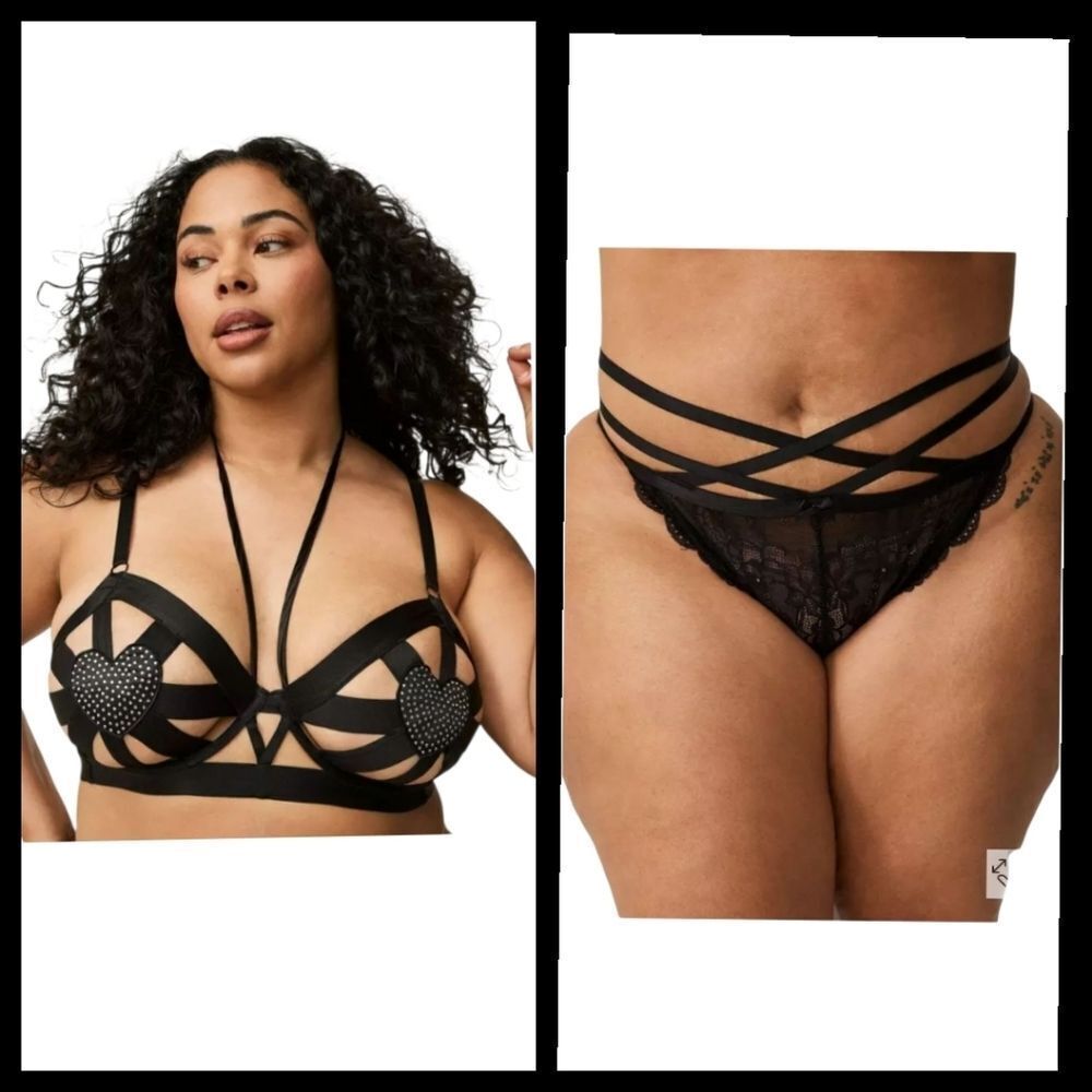 4X 26W Torrid Black Heart Rhinestone Bra Panty Set Strappy Lingerie Valentine un